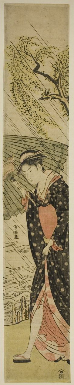 Young Woman Walking on a River Bank in Rain by Kubo Shunman