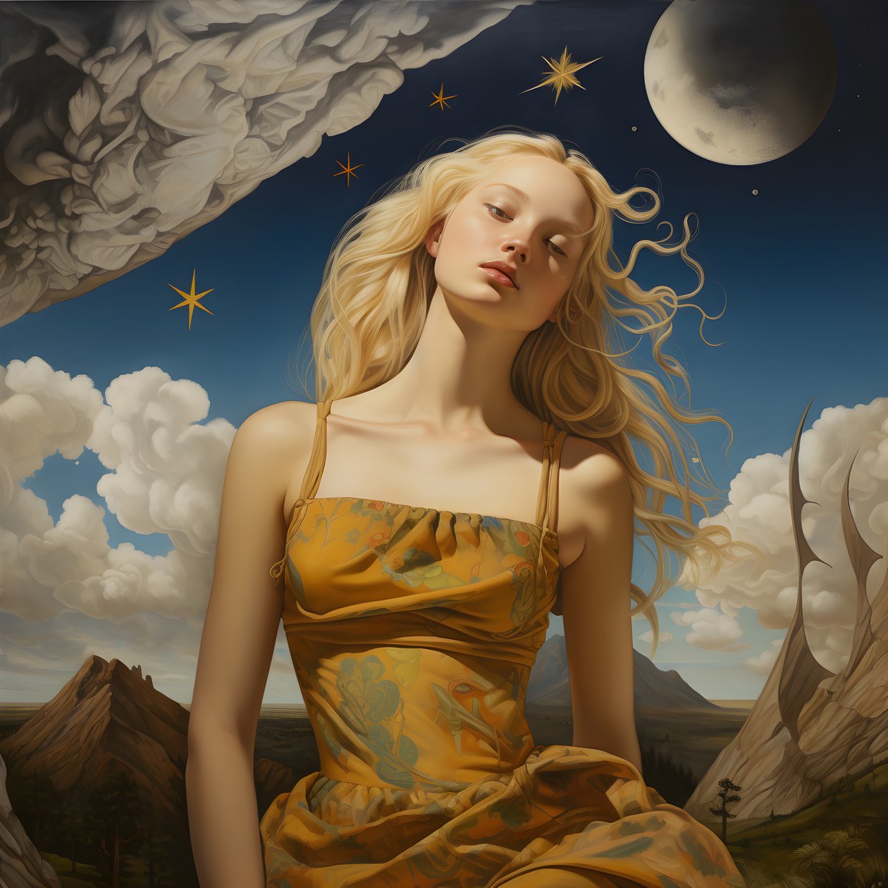 35-Year-Old Sami Woman with Crescent Moon, Mysterious Smile, Face and Body Slightly Turned Away, Long Blonde Hair 4 by Kurt Heppke