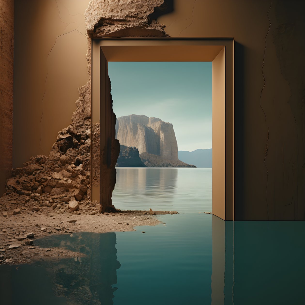 An Image of an Unused Room with Massive Lake and Desert in a Huge Hole Futurecore, High Contrast Chiaroscuro Warm Tones 3 by Kurt Heppke