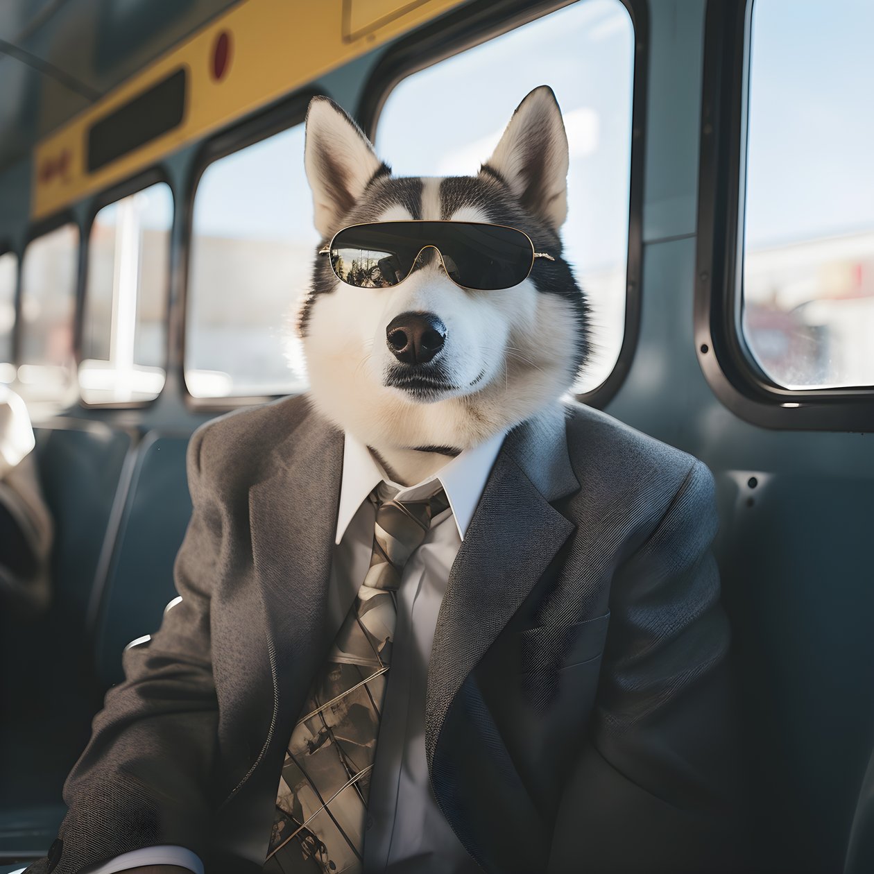 A Siberian Husky Dog in a Suit and Sunglasses at the Bus Station, Like a Gentleman 2 by Kurt Heppke