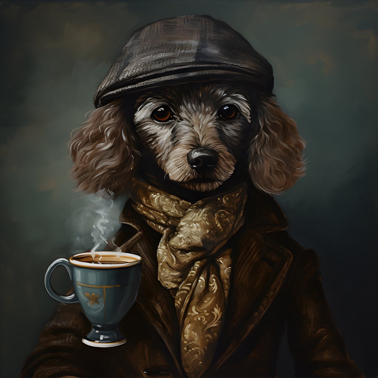 A Cultivated Poodle Drinks a Cup of Tea Wears a Turtleneck and a Flat Cap Smoky Background 1