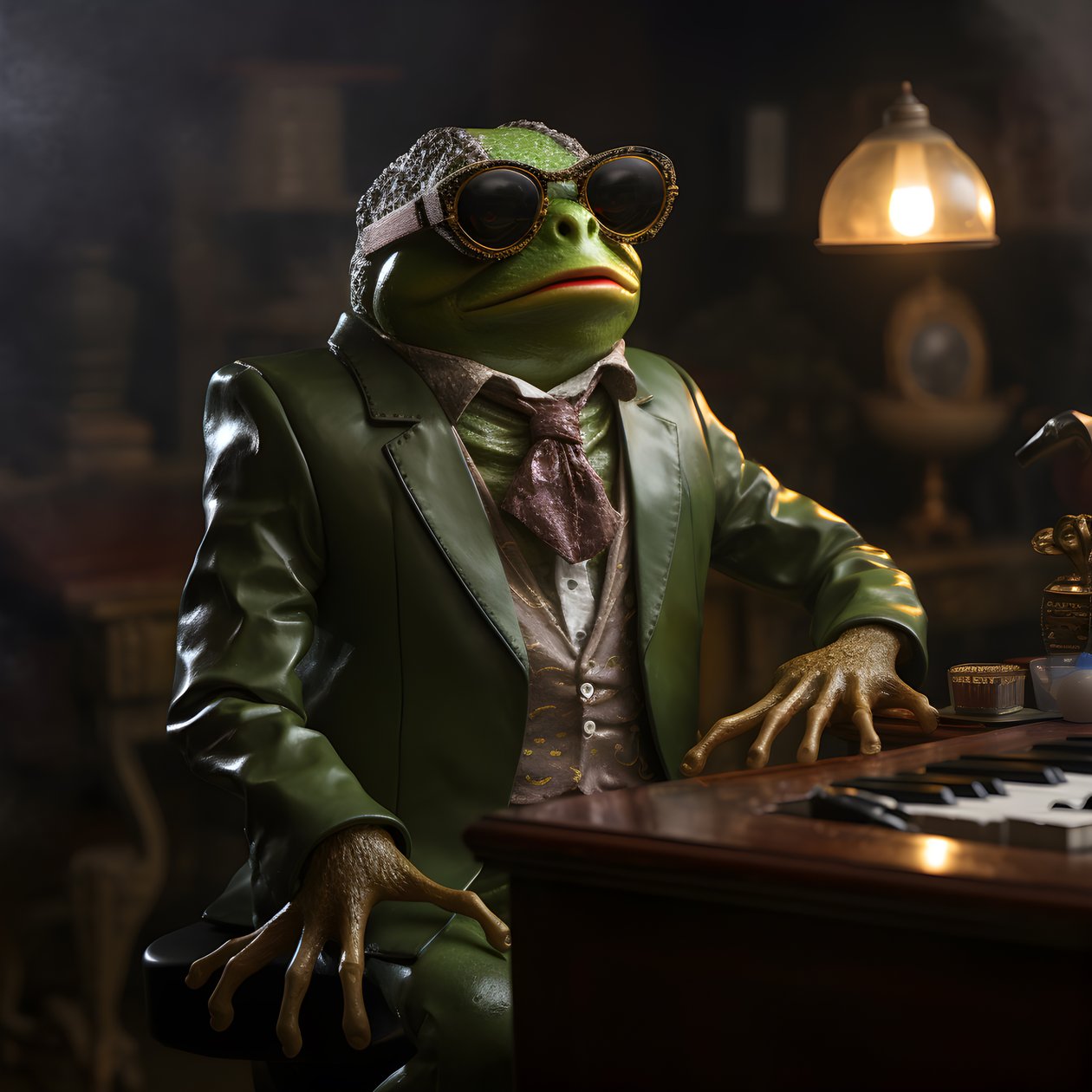 Elton John as a frog with sunglasses and piano 2 by Kurt Heppke