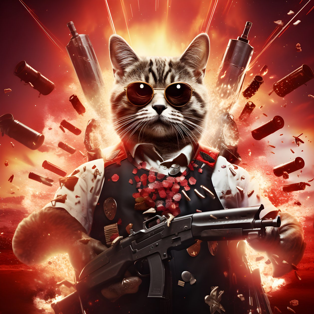 Movie Poster of a Cat Wearing a Black and White Polka Dot Shirt and Shiny Sunglasses, with Explosions and Cannons in the Background 1 by Kurt Heppke