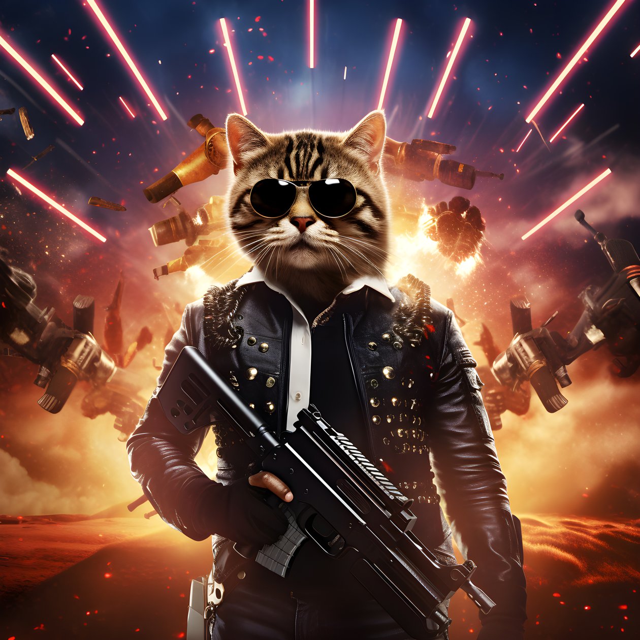 Movie Poster of a Cat Wearing a Black and White Polka Dot Shirt and Shiny Sunglasses, with Explosions and Cannons in the Background 2 by Kurt Heppke