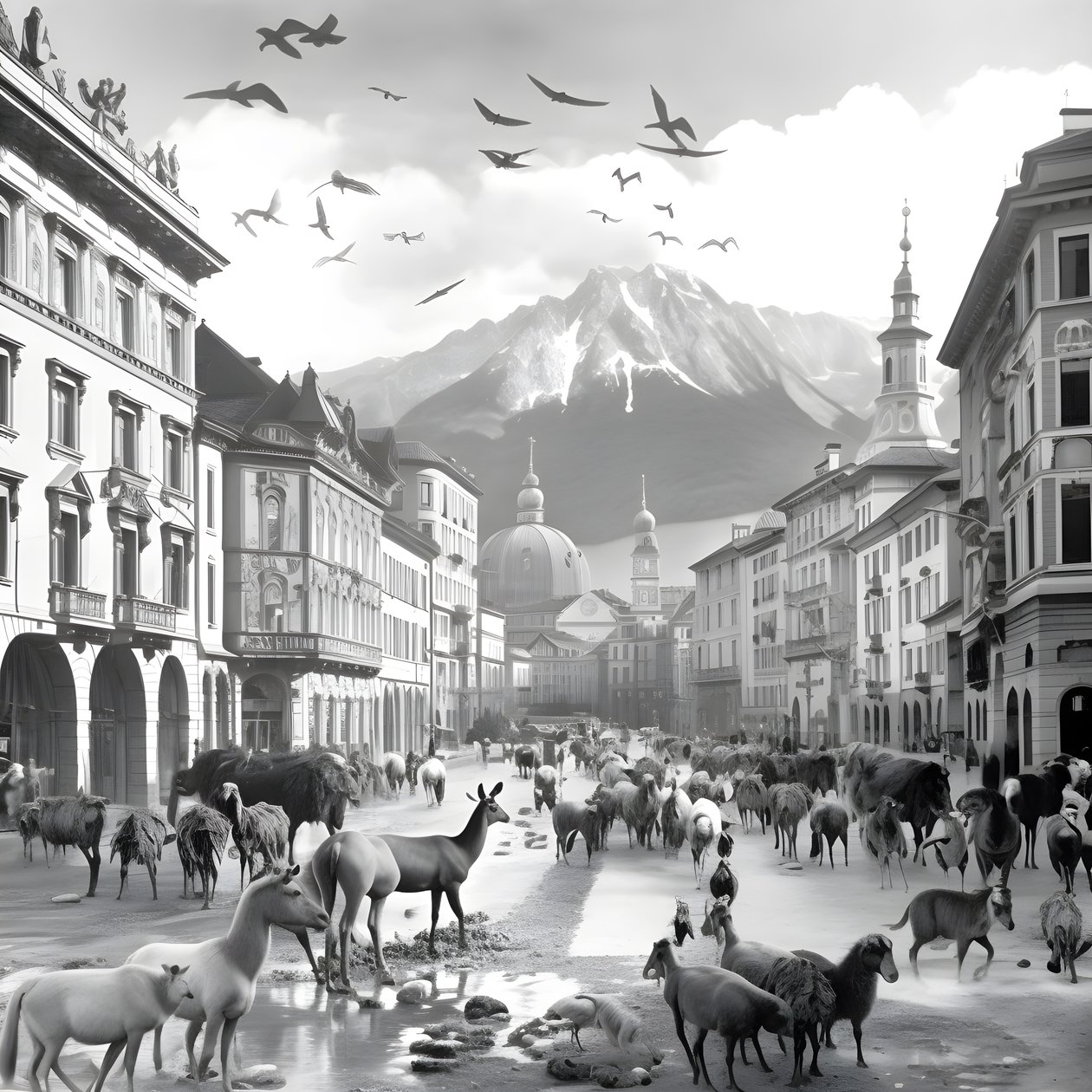 Innsbruck in an Old Photograph with Elegant Zebras, Seagulls, Monkeys, and Clay Figures. 2 by Kurt Heppke