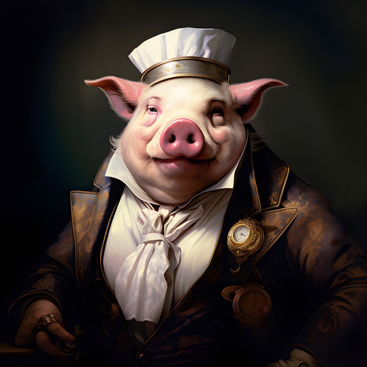 Cold and Domineering Anthropomorphic Pig Plantation Owner, Piercing Eyes, Fat Chubby Body, Cigar in Hand, Exquisite Chic Southern White Suit and Vest, Pocket Watch on a Chain, Monocle, White Felt Hat, Close-up by Kurt Heppke