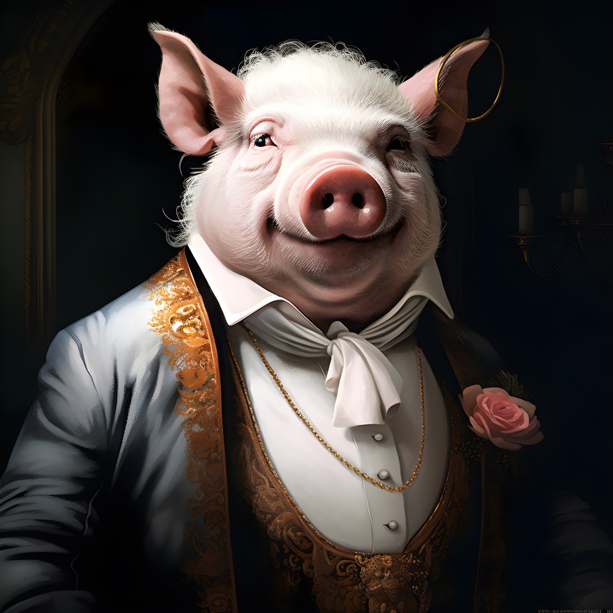 Cold and Domineering Anthropomorphic Pig Plantation Owner, Piercing Eyes, Fat Chubby Body, Cigar in Hand, Exquisite Chic Southern White Suit and Vest, Pocket Watch on a Chain, Monocle, White Felt Hat, Close-up by Kurt Heppke