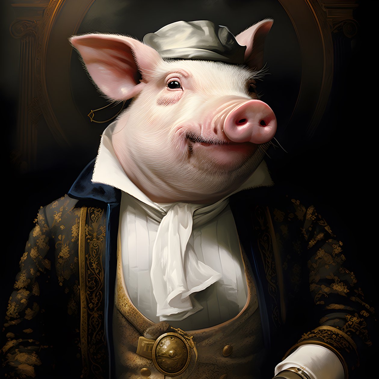 Cold and Domineering Anthropomorphic Pig Plantation Owner, Piercing Eyes, Fat Chubby Body, Cigar in Hand, Exquisite Chic Southern White Suit and Vest, Pocket Watch on a Chain, Monocle, White Felt Hat, Close-up by Kurt Heppke