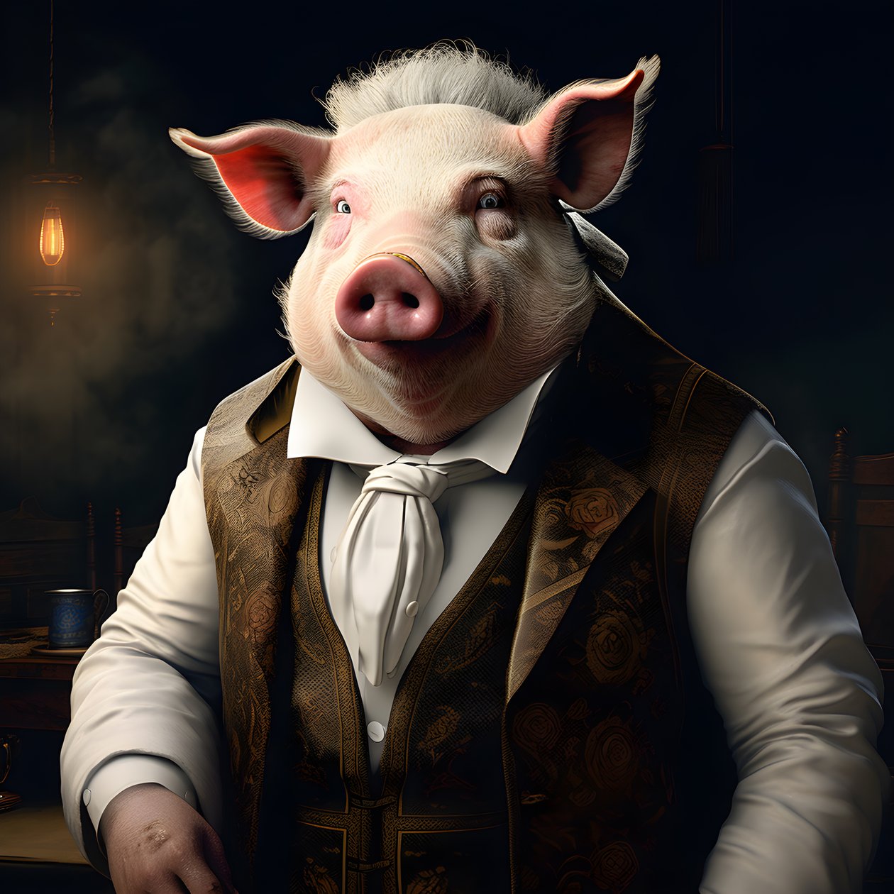 Cold and Domineering Anthropomorphic Pig Plantation Owner, Piercing Eyes, Fat Chubby Body, Cigar in Hand, Exquisite Chic Southern White Suit and Vest, Pocket Watch on a Chain, Monocle, White Felt Hat, Close-up by Kurt Heppke