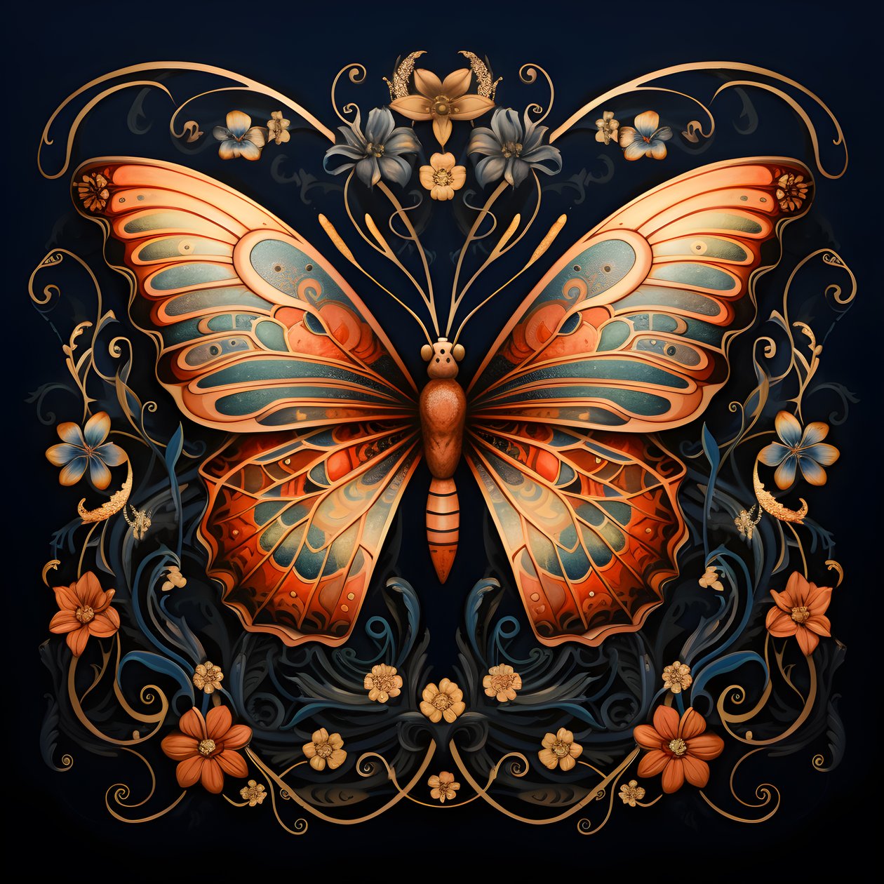 Butterfly in the Center, Symmetrical, with Flowers in the Background 1 by Kurt Heppke