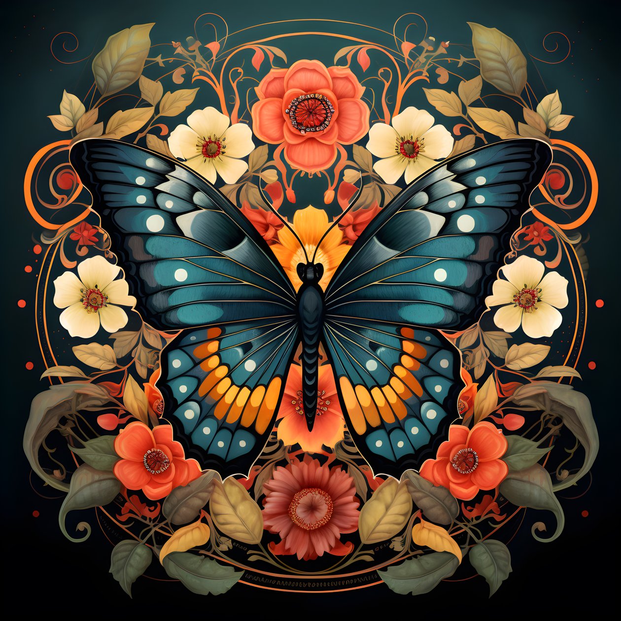 Butterfly in the Center, Symmetrical, with Flowers in the Background 4 by Kurt Heppke