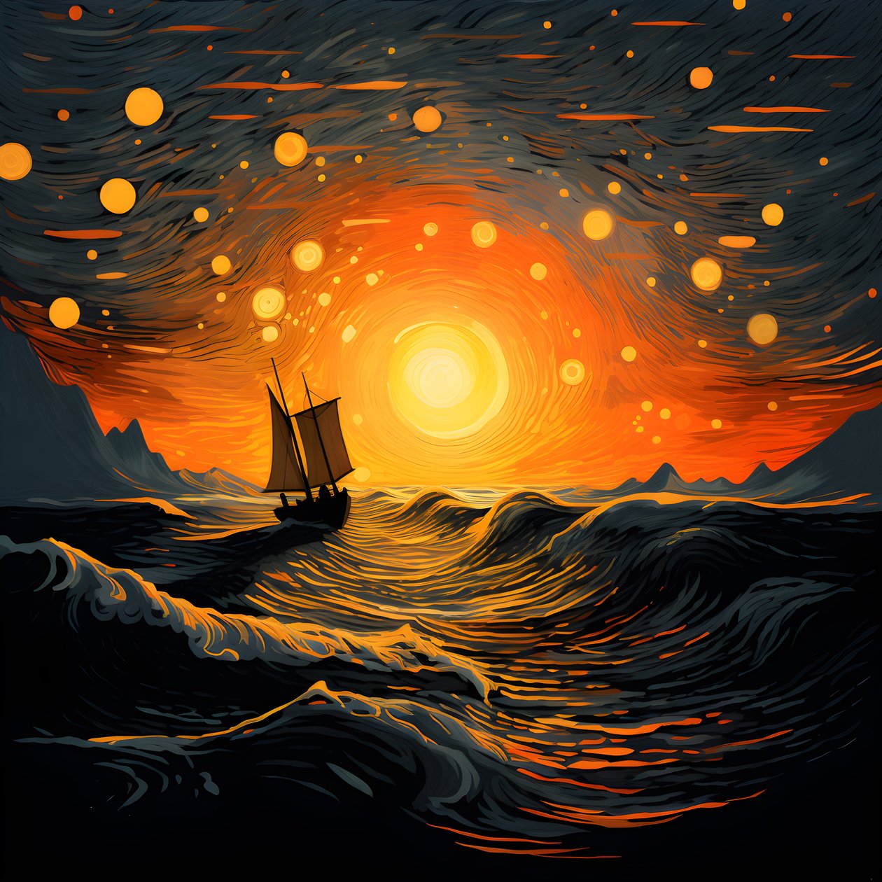 Sunset, Orange-Yellow Sun, Clouds, Five Rotating Circles of Clouds in a Large Sky, Dot-Like Waves and Orange-Yellow Sunset Clouds Reflecting on the Waves, a Boat Sailing Out to Sea 1 by Kurt Heppke
