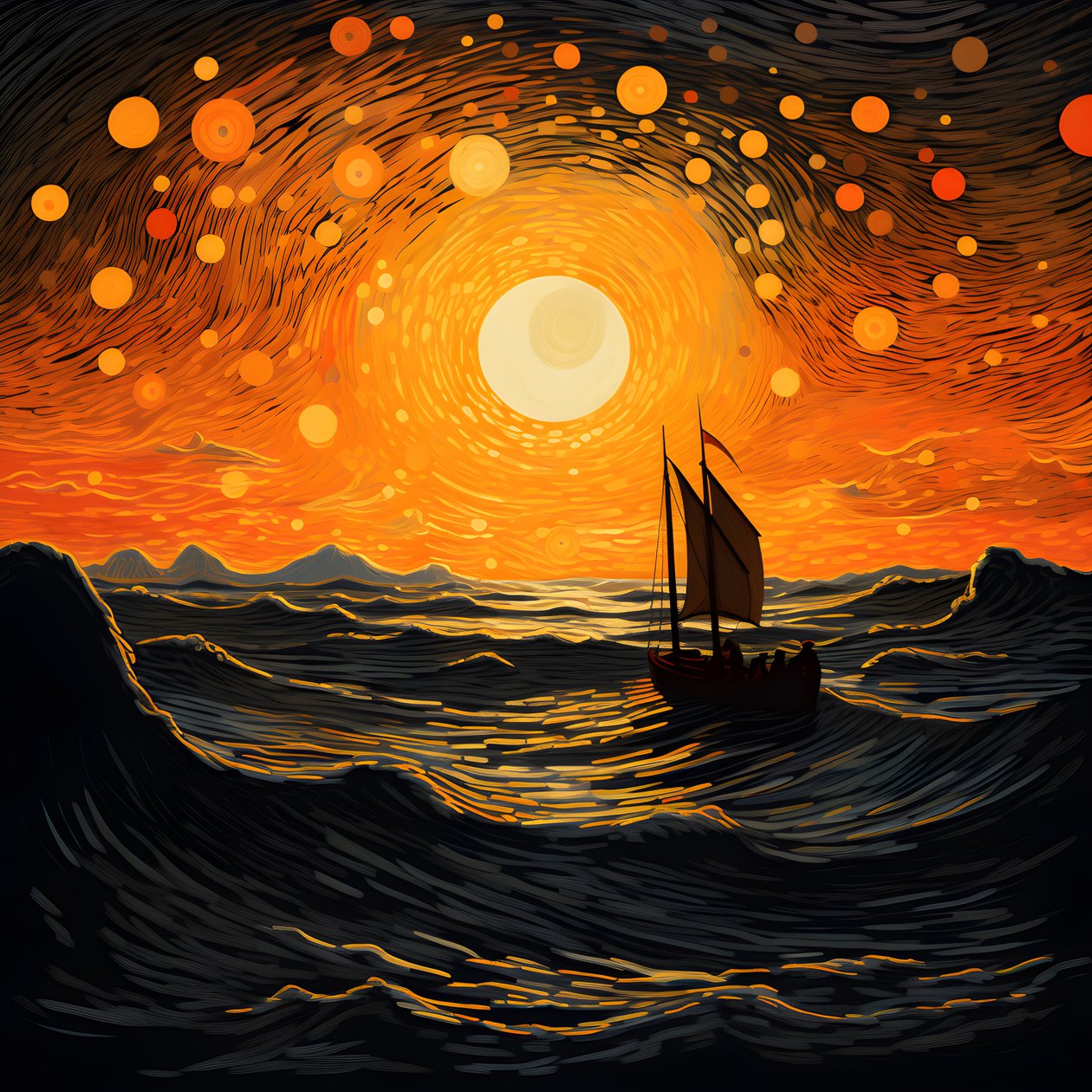 Sunset, Orange-Yellow Sun, Clouds, Five Rotating Circles of Clouds in a Large Sky, Dot-Like Waves and Orange-Yellow Sunset Clouds Reflecting on the Waves, a Boat Sailing Out to Sea 4 by Kurt Heppke