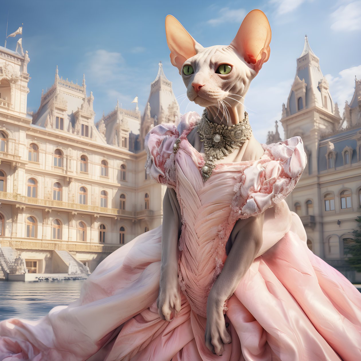 Sphynx Cat in a Ball Gown in Front of a Magnificent Palace in Medieval Style 2
