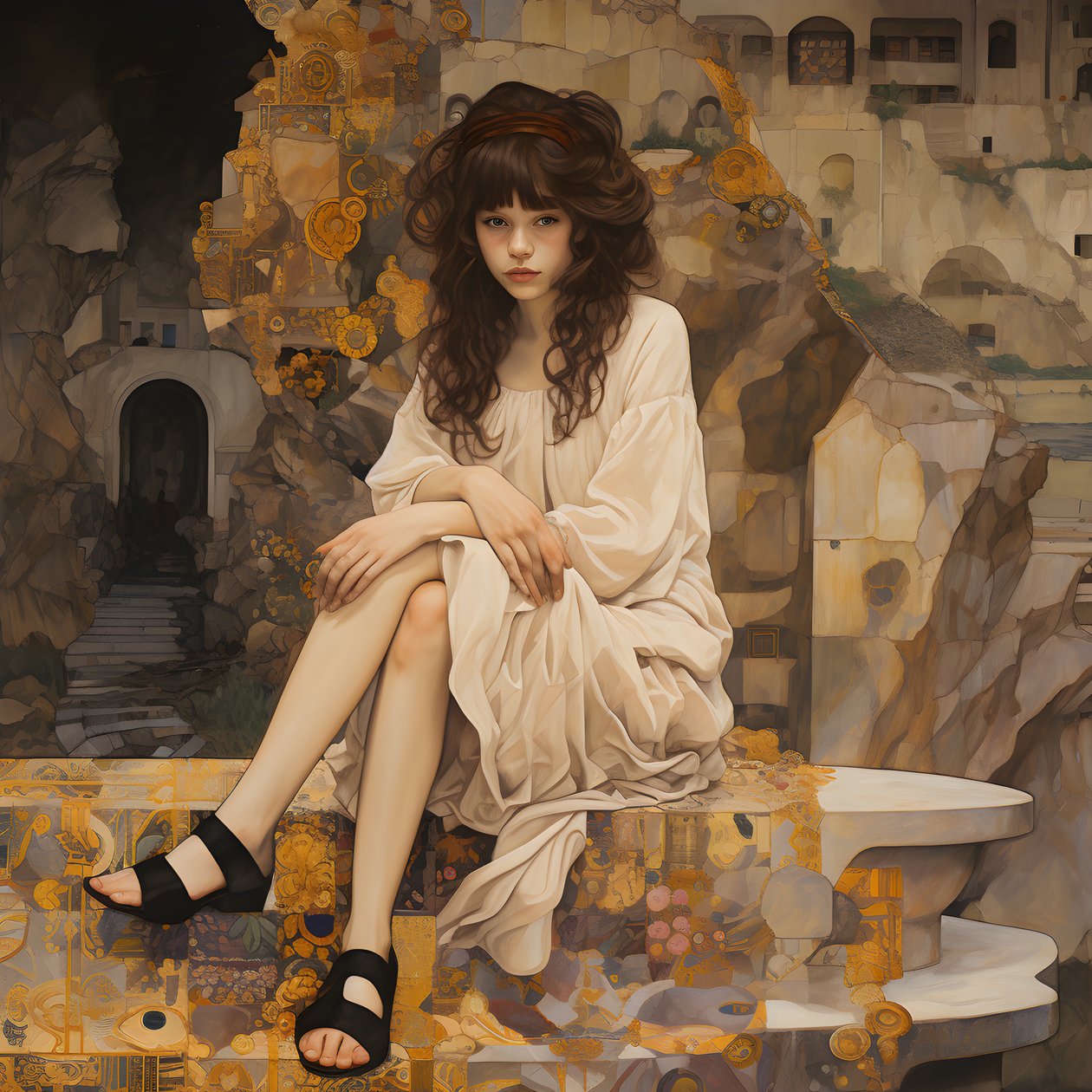 Teenager in Floral Dress and High Skate Shoes, Sitting in a Ruin Through Which a River Flows 1 by Kurt Heppke