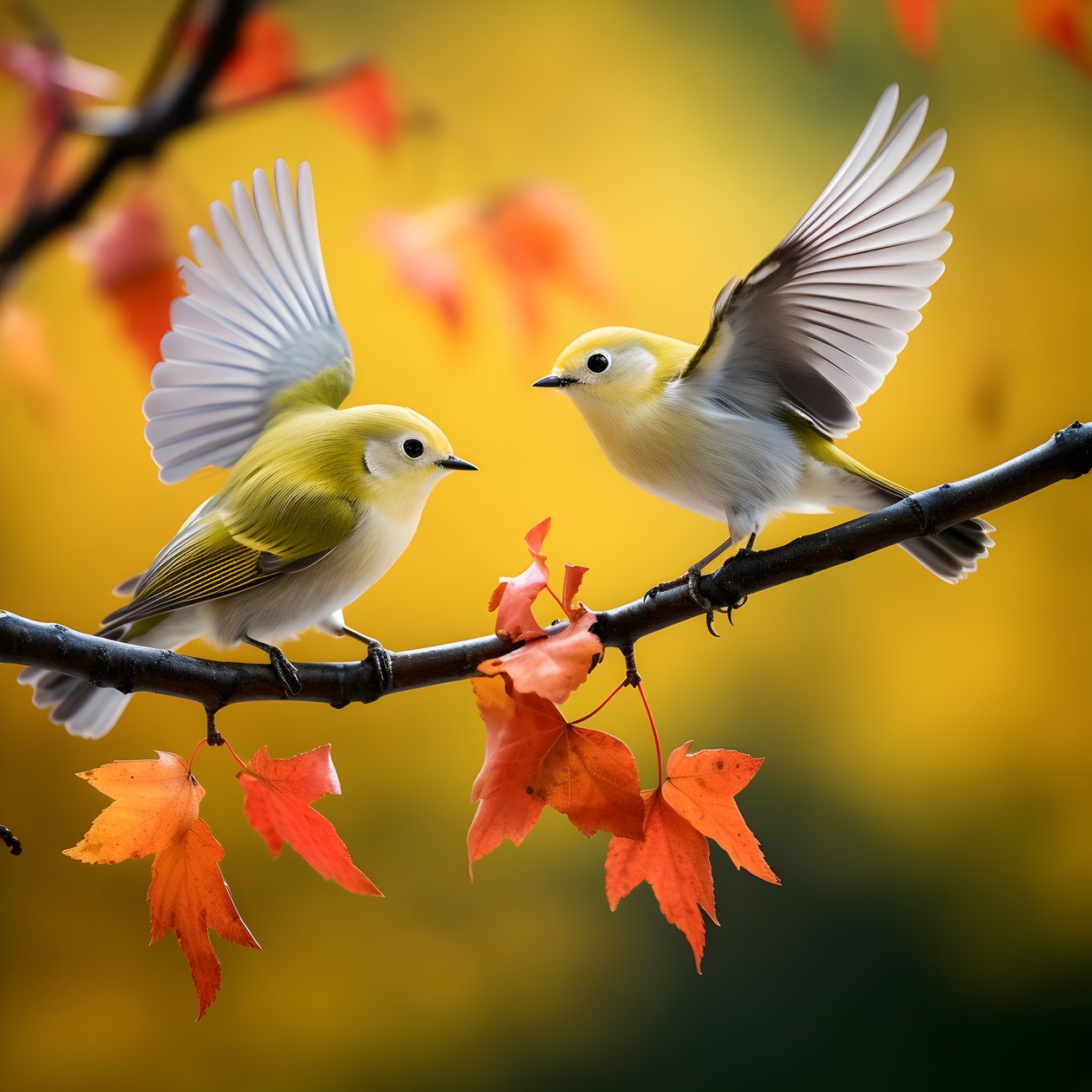Two super cute green white-eye birds spread their wings and fly in the autumn maple leaves 4 by Kurt Heppke