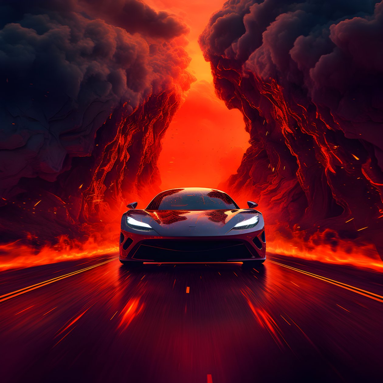A luxury car on a path with glowing red background by Kurt Heppke