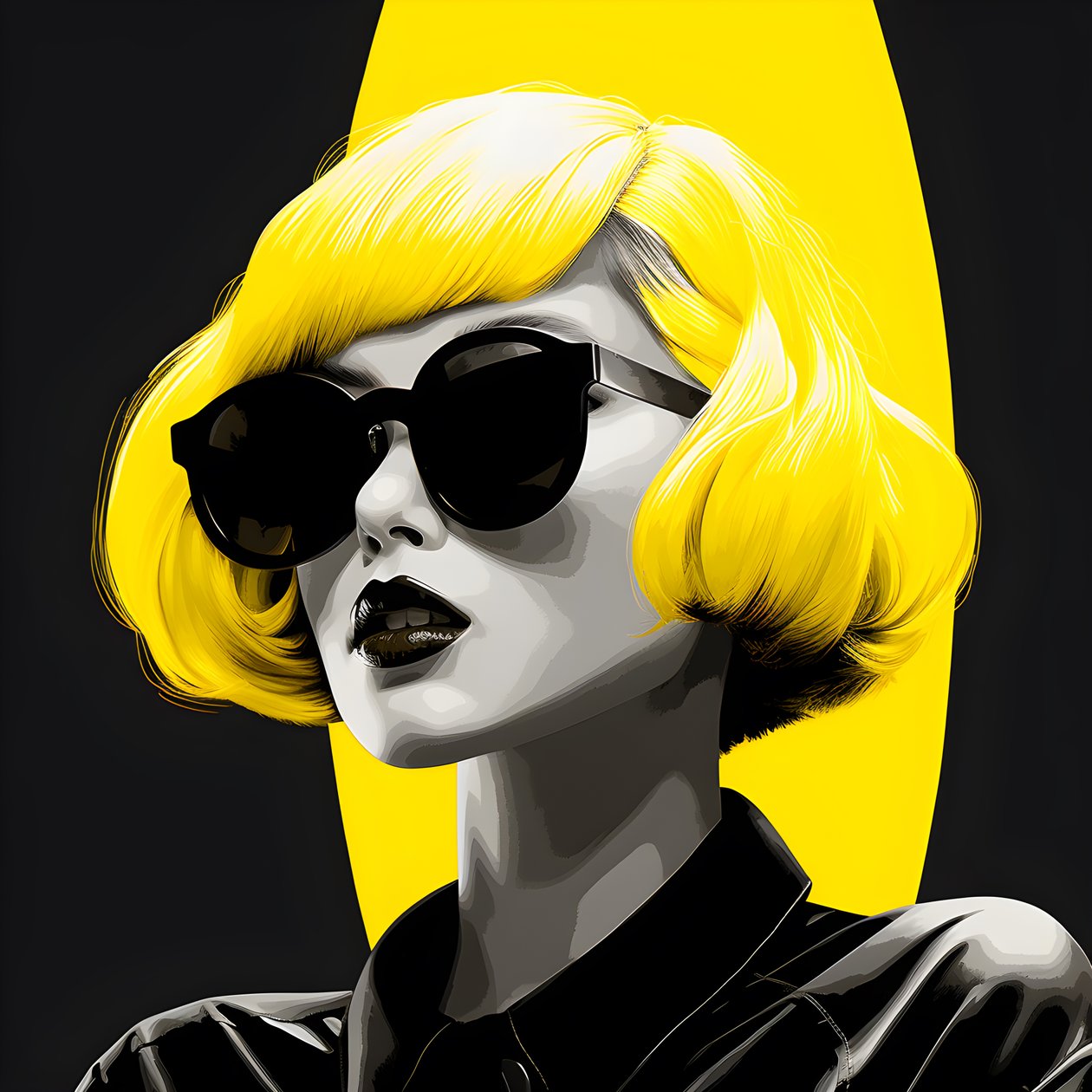An Illustration of a Girl Wearing Yellow Sunglasses with Hair on Her Face and with Ears, in the Style of Film Noir Aesthetic 1 by Kurt Heppke