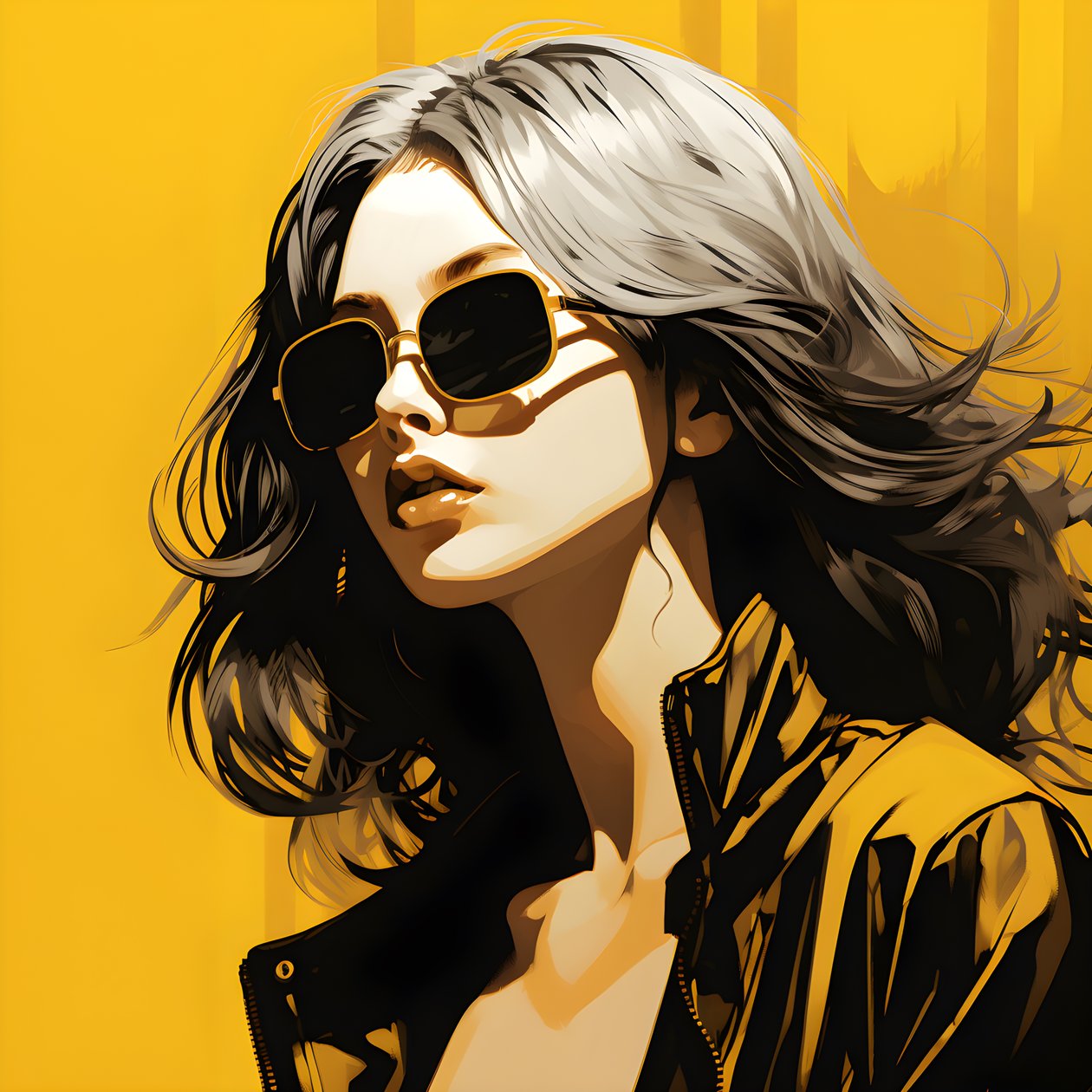 An Illustration of a Girl Wearing Yellow Sunglasses with Hair on Her Face and with Ears, in the Style of Film Noir Aesthetic 2 by Kurt Heppke