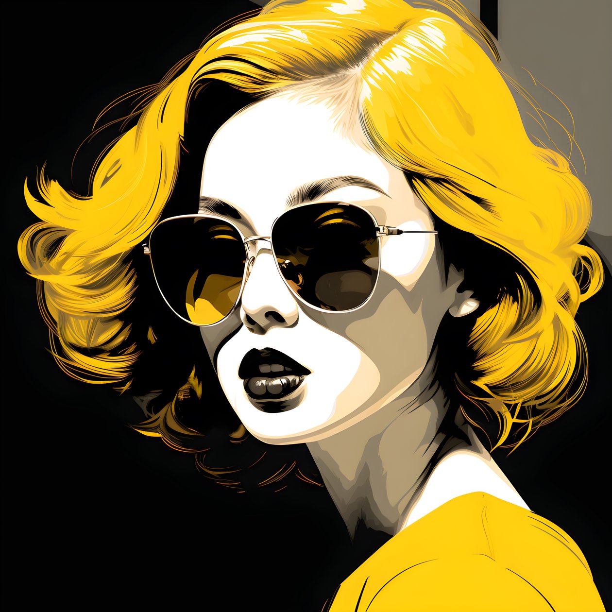 An Illustration of a Girl Wearing Yellow Sunglasses with Hair on Her Face and with Ears, in the Style of Film Noir Aesthetic 4 by Kurt Heppke