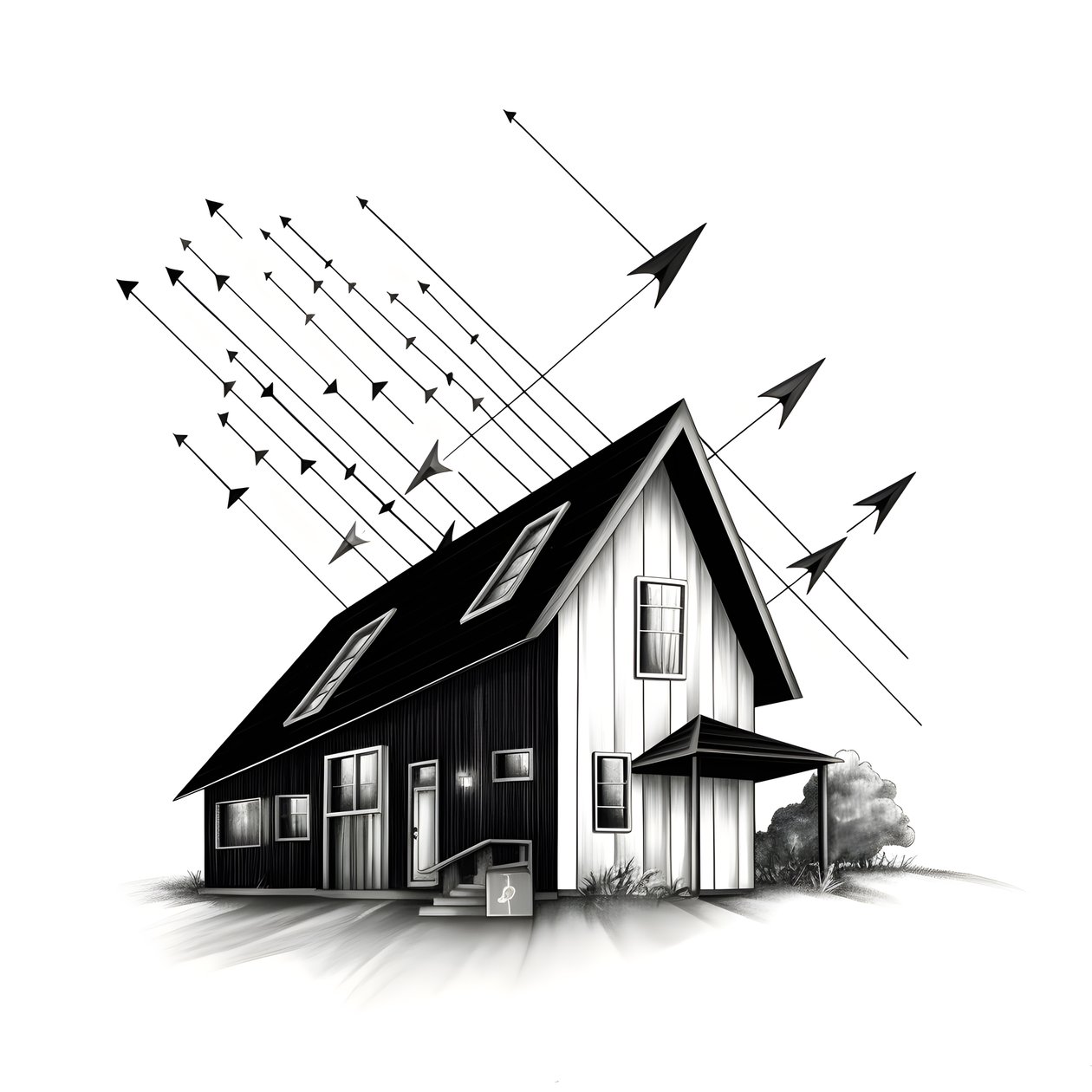 Illustration of a House with Solar Panels and Arrow Pointing Upwards by Kurt Heppke