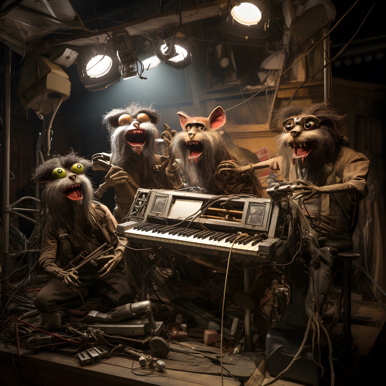 Creepy, Hairy, Broken Animal Animatronics Performing Music on a Stage by Kurt Heppke