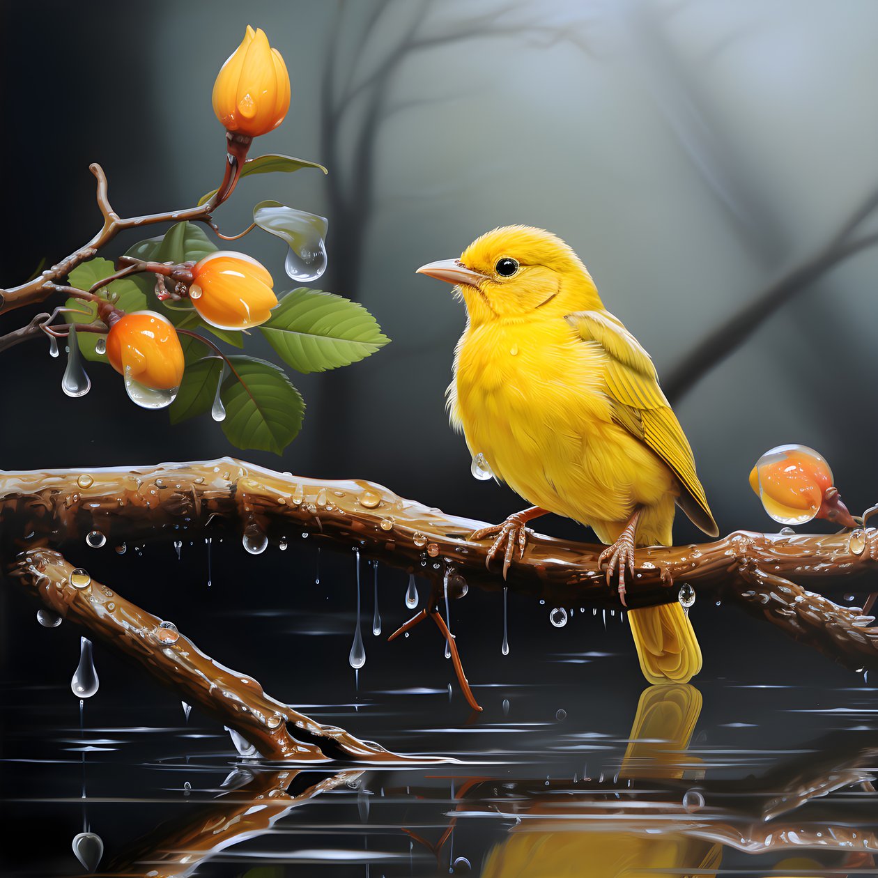 Yellow Bird on a Branch in Water 2 by Kurt Heppke