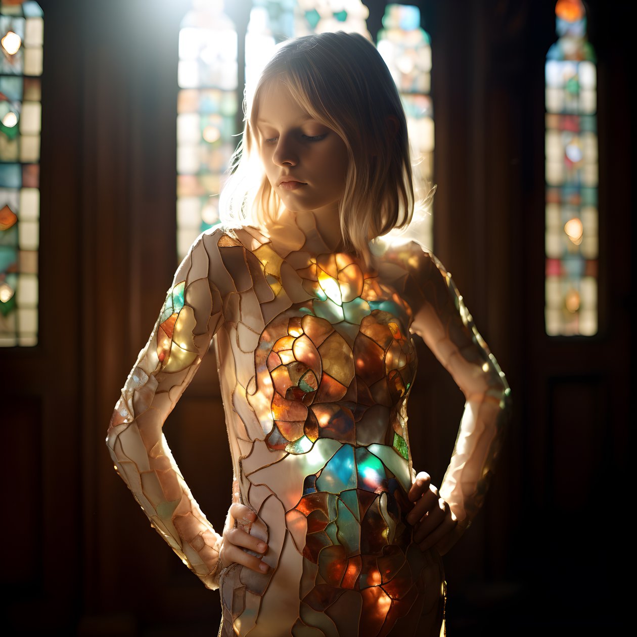 Pretty Blonde Girl Aged 14 Wearing a Colorful Tiffany Stained Glass Dress 3 by Kurt Heppke