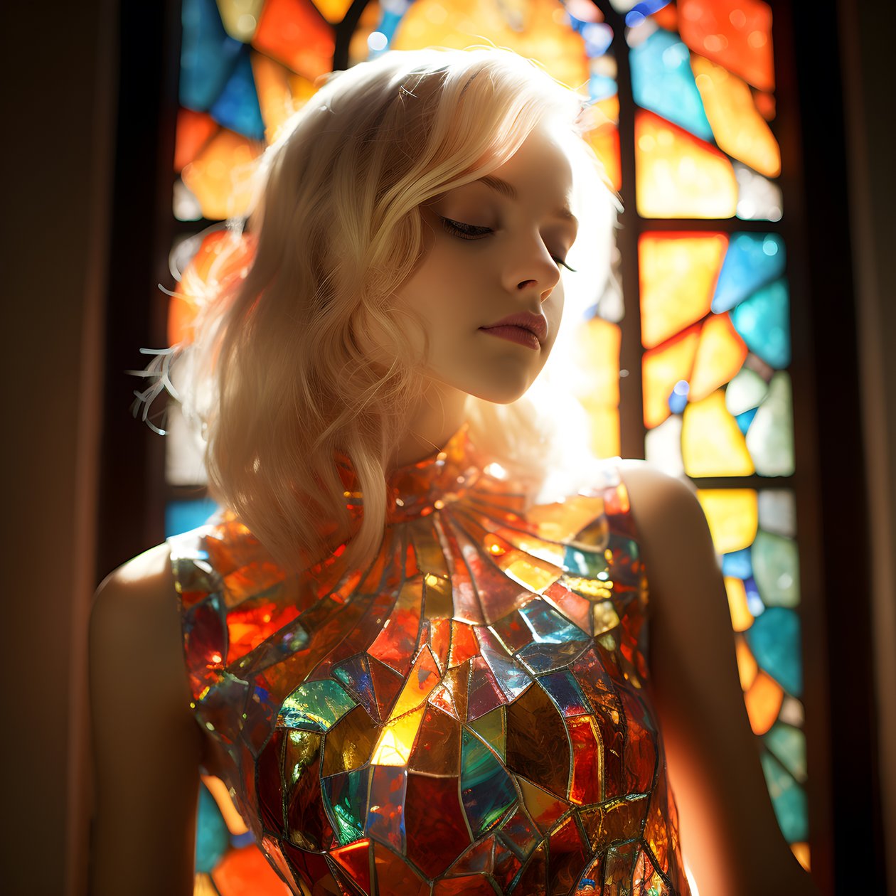 Pretty Blonde Girl Aged 14 Wearing a Colorful Tiffany Stained Glass Dress 4 by Kurt Heppke