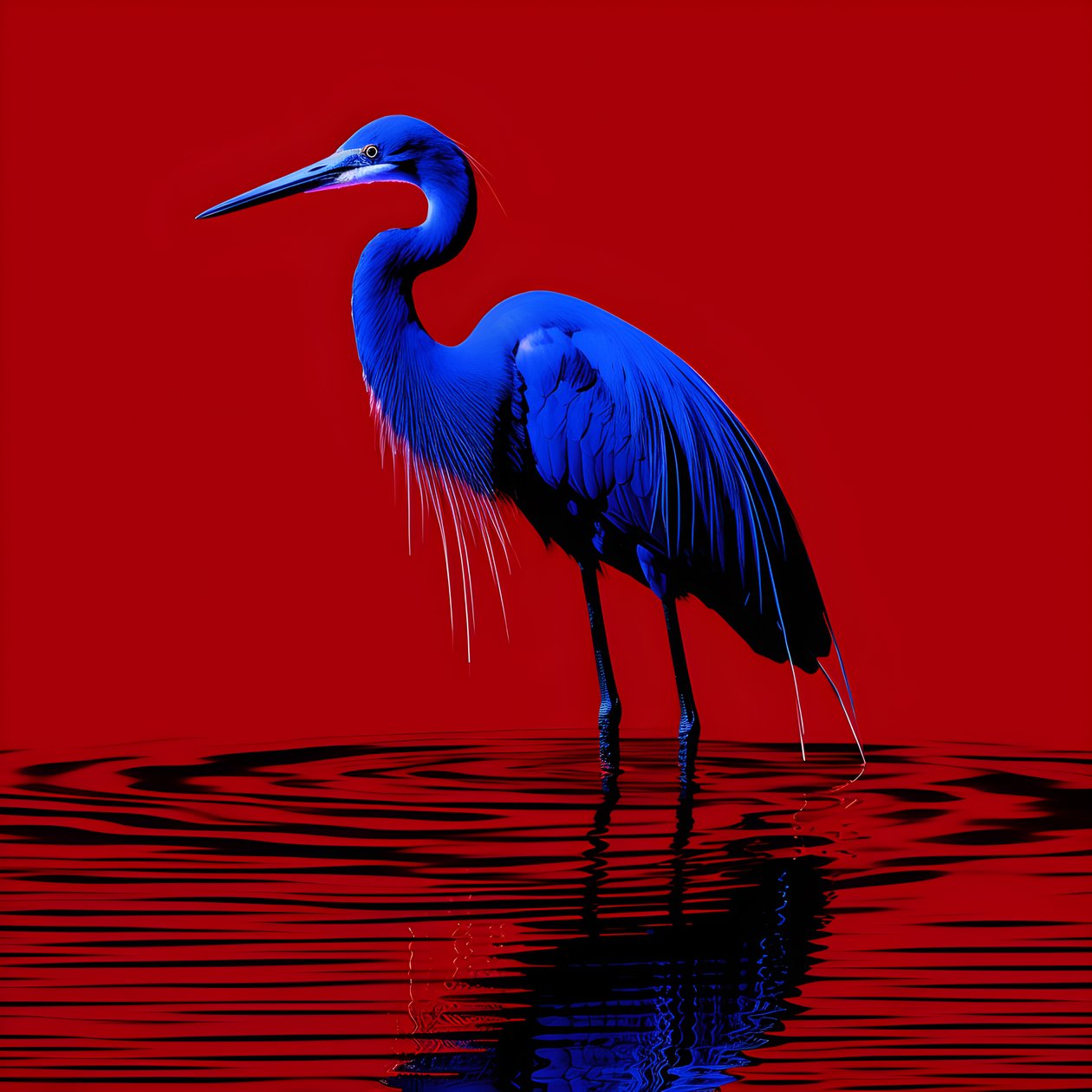 Synthwave Digital Fine Art Piece of an Exotic Cobalt Blue Egret on Red Paper 2 by Kurt Heppke