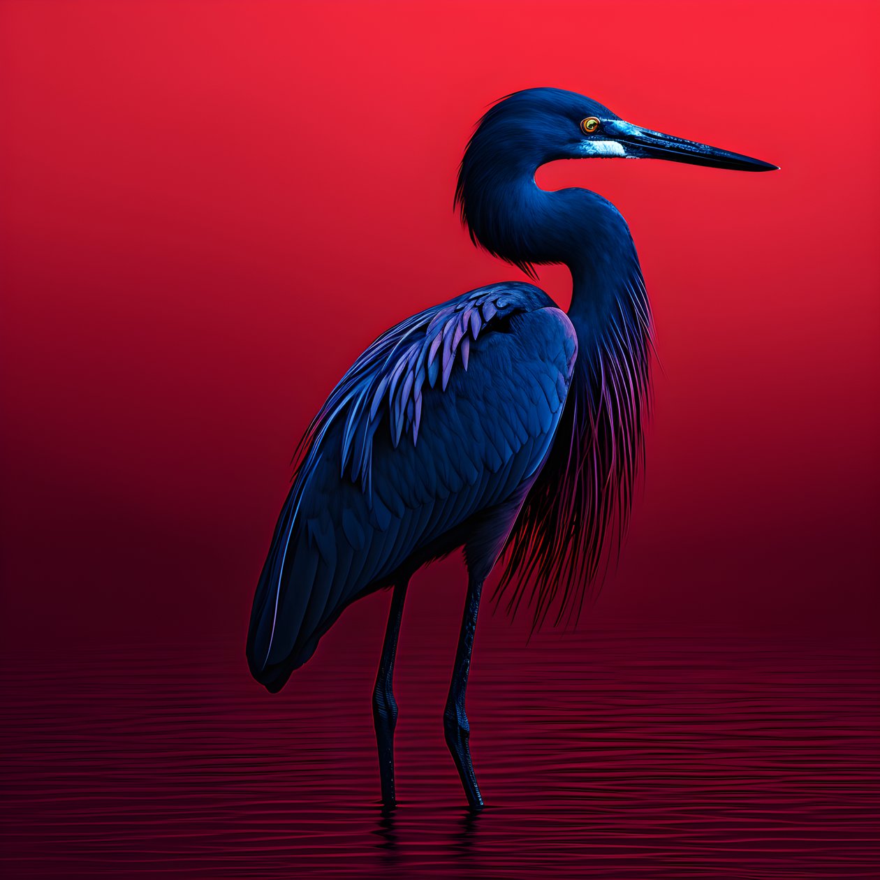 Synthwave Digital Fine Art Piece of an Exotic Cobalt Blue Egret on Red Paper 3 by Kurt Heppke
