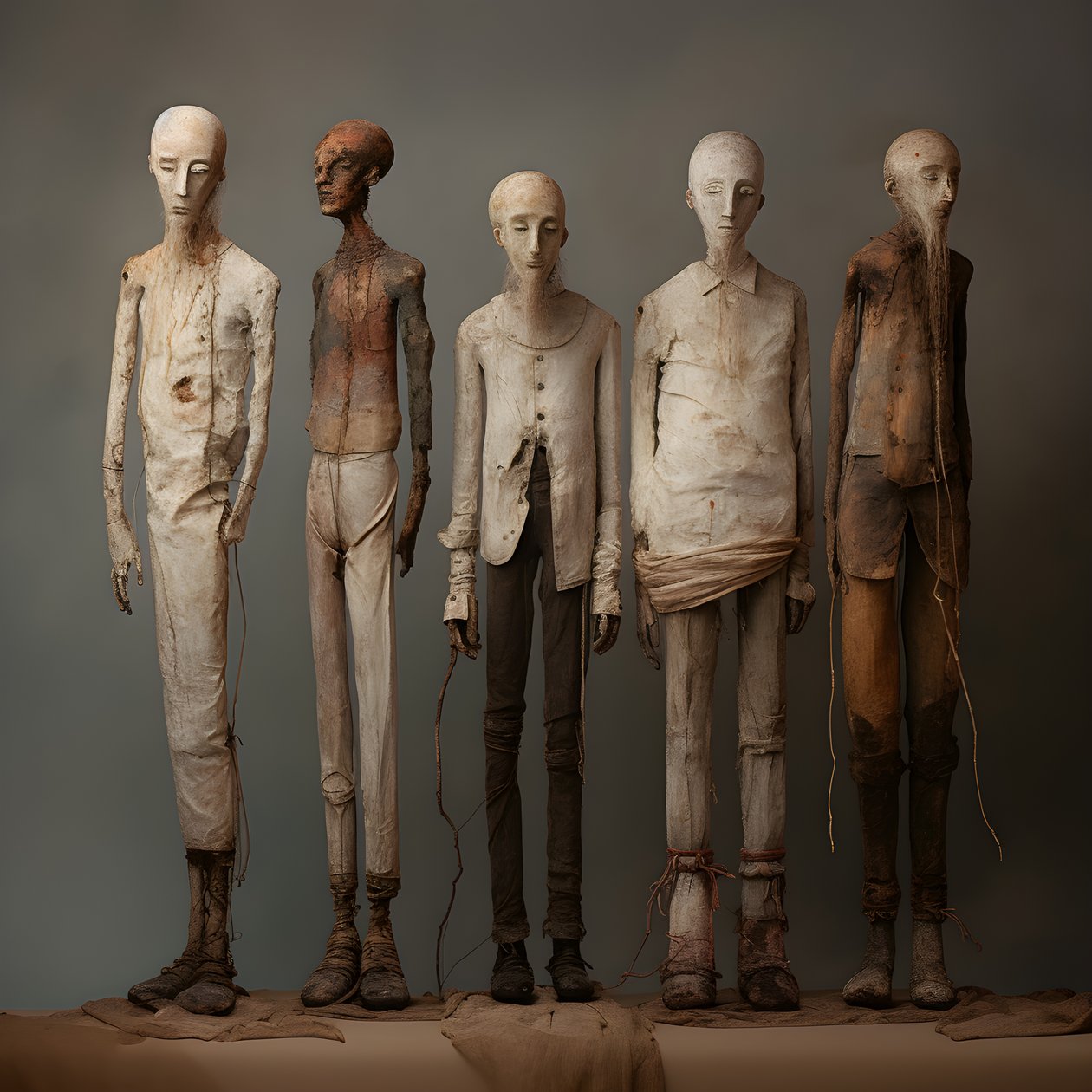 Four Clay Figures of Men Standing Side by Side 4 by Kurt Heppke