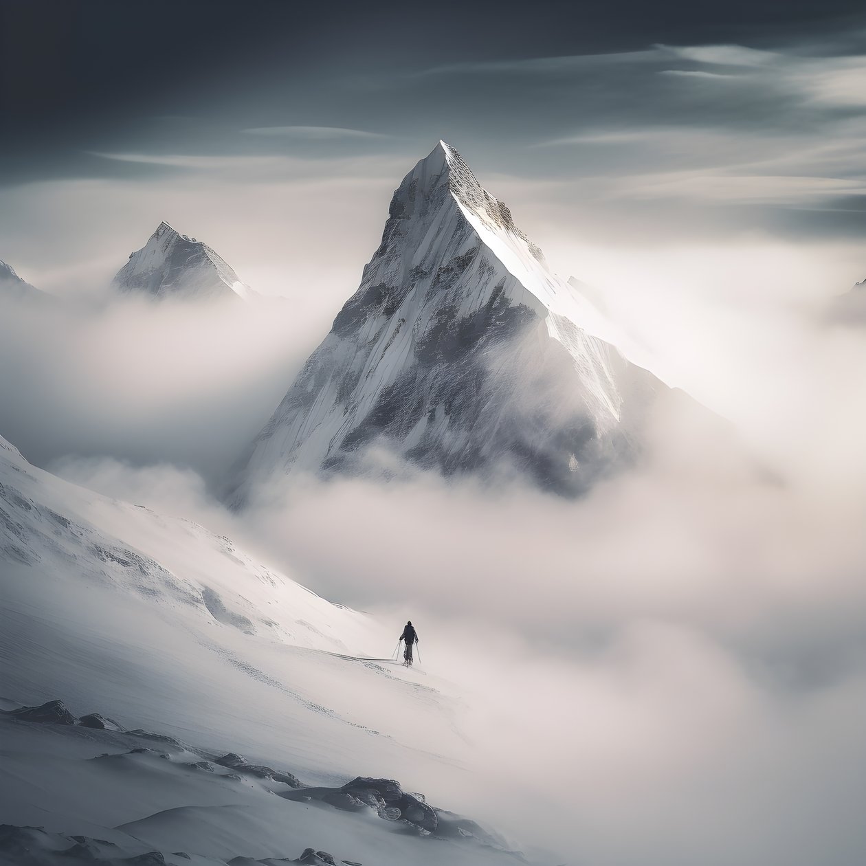 Two People Skiing Over a Cloudy Mountain 1 by Kurt Heppke