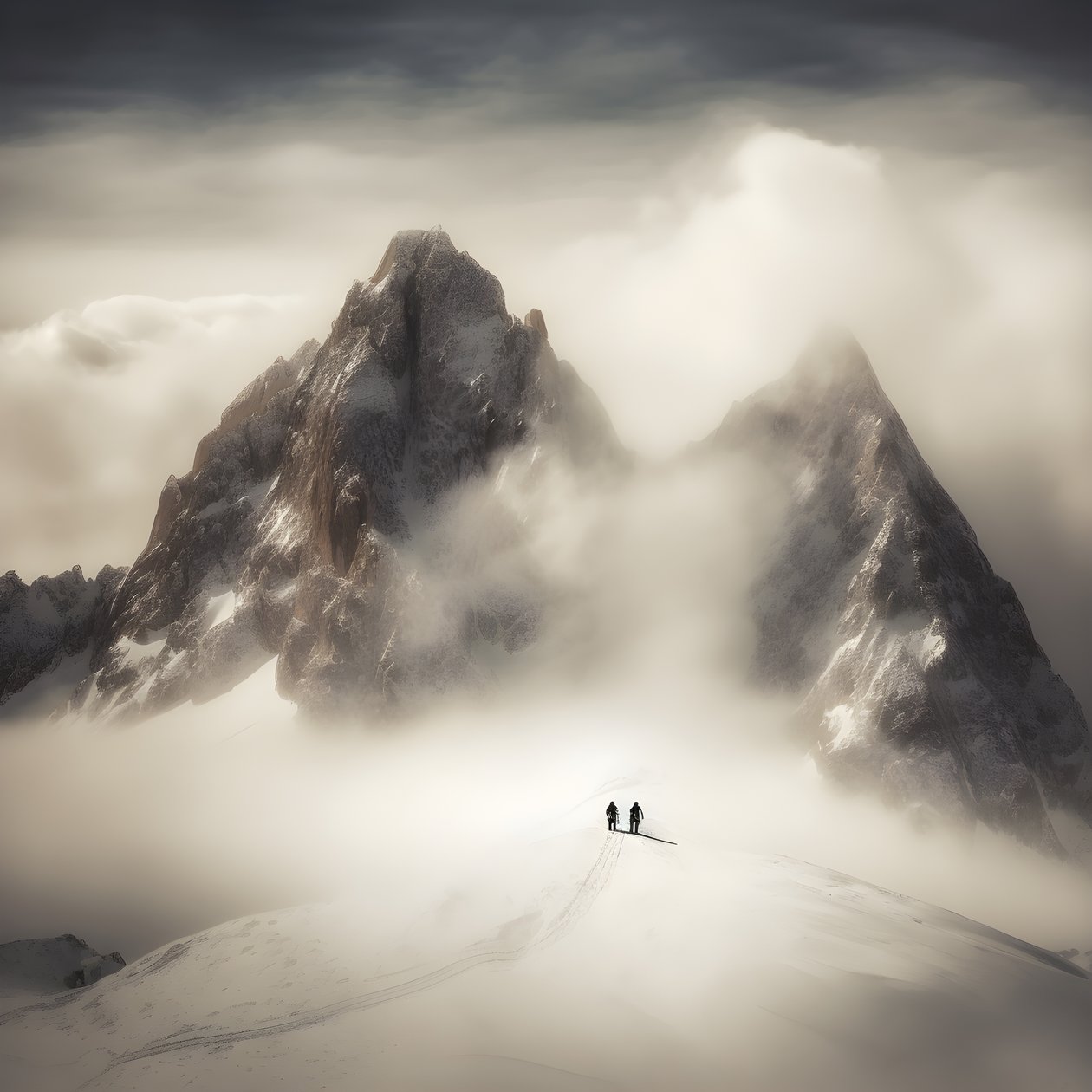 Two People Skiing Over a Cloudy Mountain 2 by Kurt Heppke
