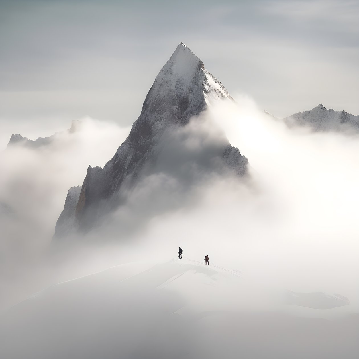 Two People Skiing Over a Cloudy Mountain 3 by Kurt Heppke
