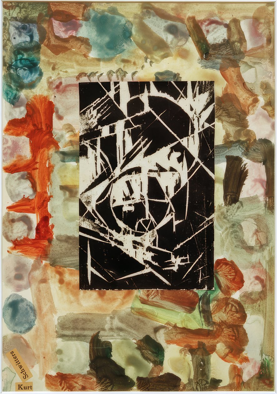 Untitled (Collage with Woodcut on Abstract Painting) by Kurt Schwitters