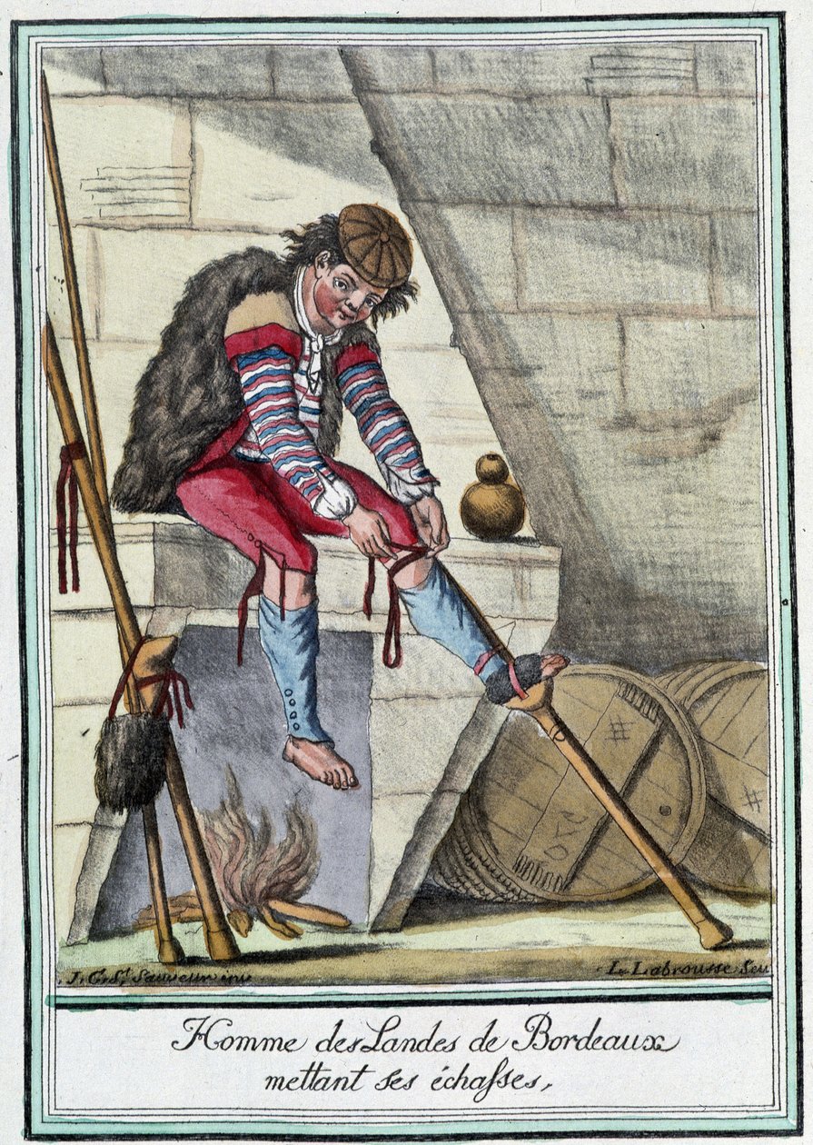 Man of the Landes de Bordeaux putting on his stilts - in “Encyclopédie des voyages” by J. Grasset St Sauveur, Deron, Paris by L.F. Labrousse