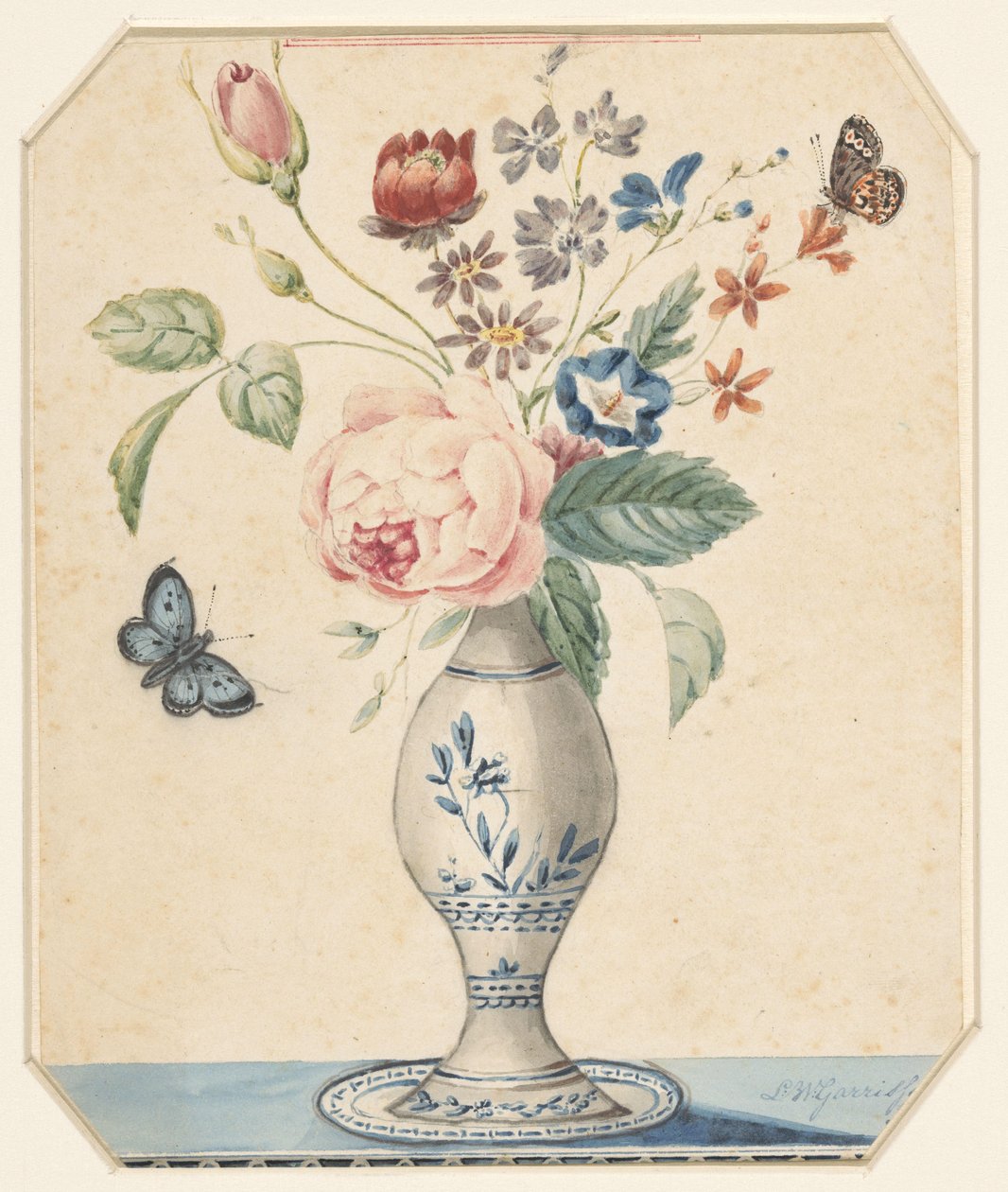 Vase with Flowers and a Blue Butterfly by L.W. Garrison