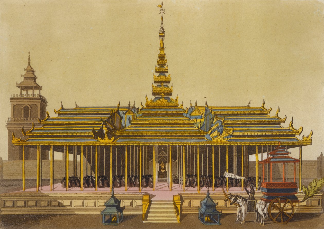 The King of Siam Addresses Courtiers in his Pavilion (plate 69) from Le Costume Ancien et Moderne by Jules Ferrario engraved by Gaetano Zancon published c.1820s-30s by L. Rossi
