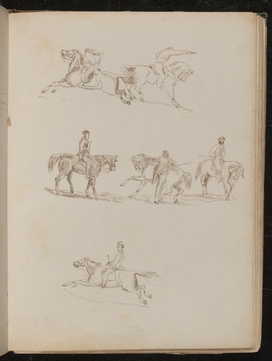 Six Studies of Horses with Various Male Riders in Various Poses, One with Raised Pistol (pen and ink) by Lady  Butler