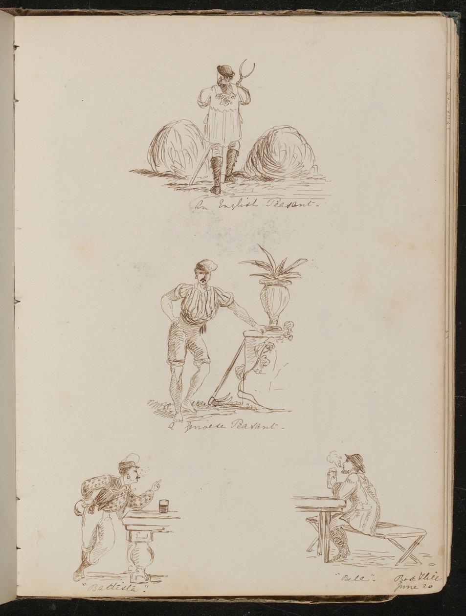 "English Peasant", "a Genoese Peasant", Study of Figures in Taverns Inscribed "Battista" and "Bile", Place and Date "June 20" by Lady Butler