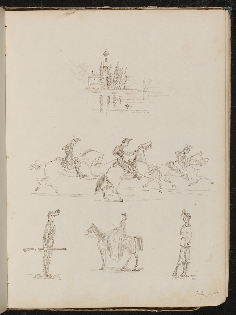 Five studies of a church, soldiers in full dress on horseback, a soldier on guard and a study of woman riding side-saddle by Lady Butler