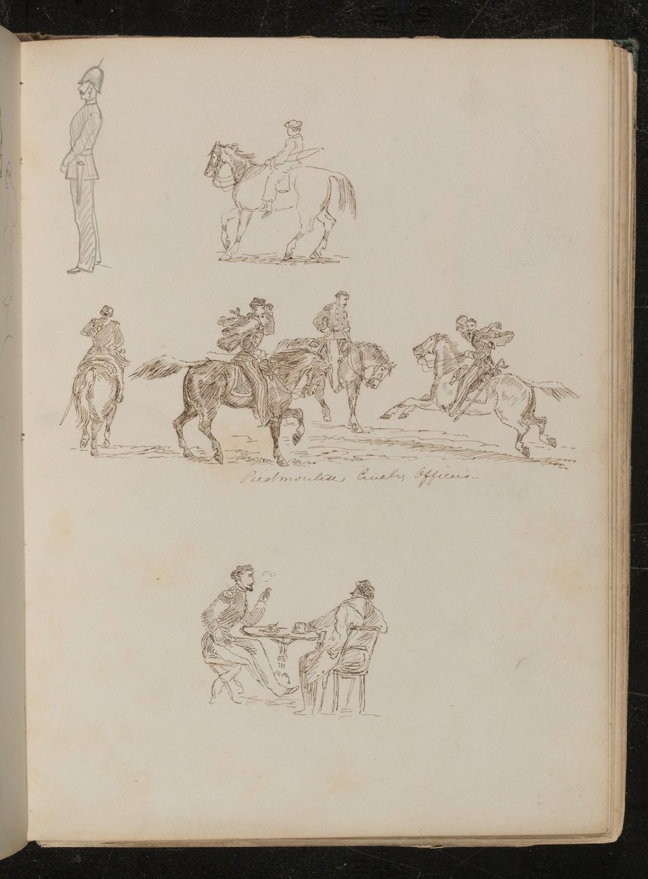 Soldier in full uniform, studies of a youth with fishing rod on horseback, four men on horseback inscribed 