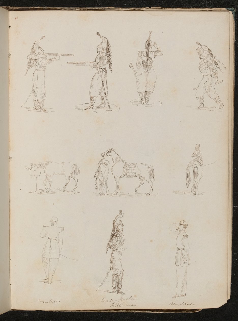 Ten Studies of Soldiers, Horses, Woman Riding Side-Saddle by Lady Butler
