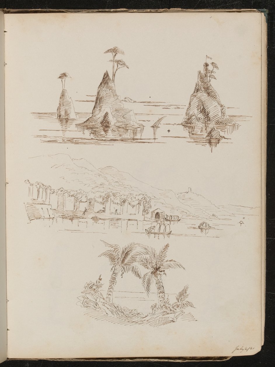 Three studies of rocky islands, a watery landscape with people and boats, and palm trees by Lady Butler