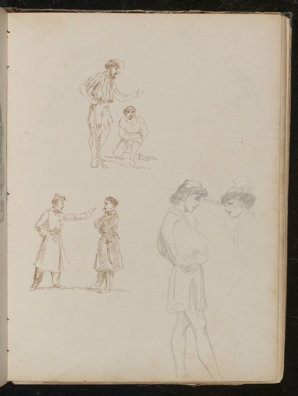 Two pen studies of pairs of soldiers in conversation, one pencil study of two young men in conversation by Lady Butler