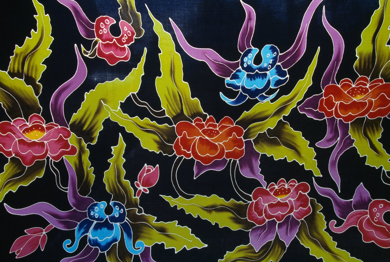 Sarong fabric decorated with floral motifs, island of Moorea, Society Islands, French Polynesia, detail by Amadeo (after) Modigliani