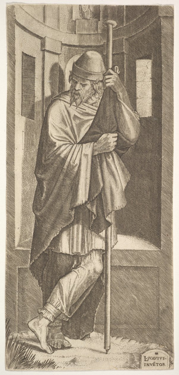 St. James Major leaning on a pole before a niche, his left leg crossed over his right, 1545 by Lambert Suavius