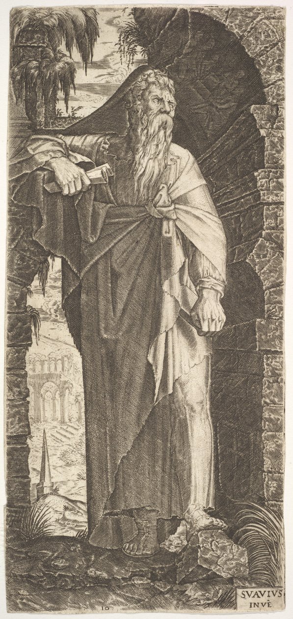 St. Paul standing under an overgrown arch, his left foot poised upon a rock, his right hand raised, 1545 by Lambert Suavius
