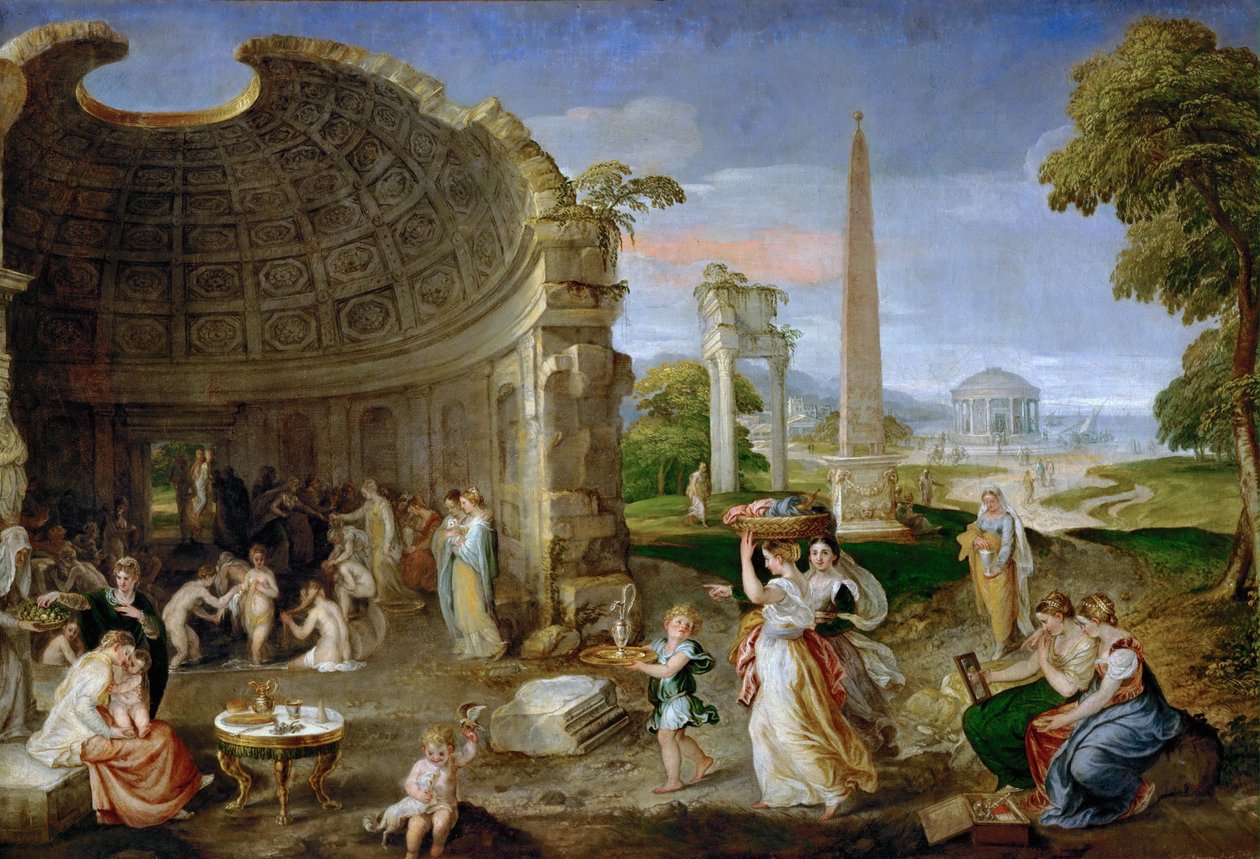 Landscape with antique ruins and bathing women by Lambert Sustris